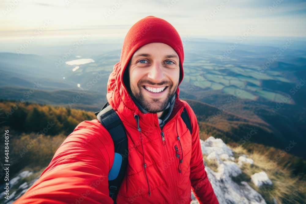 hiker man taking selfie on mountain