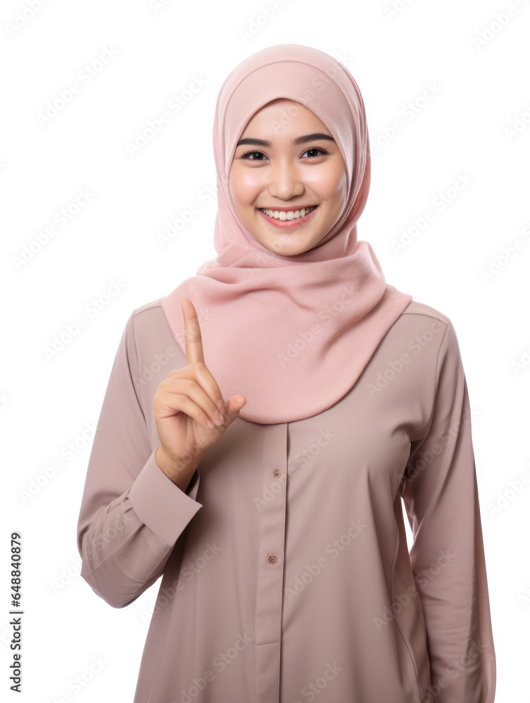 Beautiful young asian muslim woman smiling confident and cheerful, with hands pointing Beautiful young asian muslim woman smiling confident and cheerful, with hands pointing