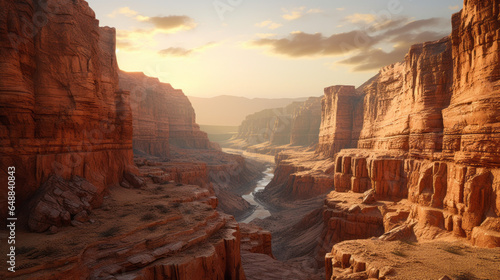 A breathtaking canyon landscape is lit by the warm hues of the rising sun