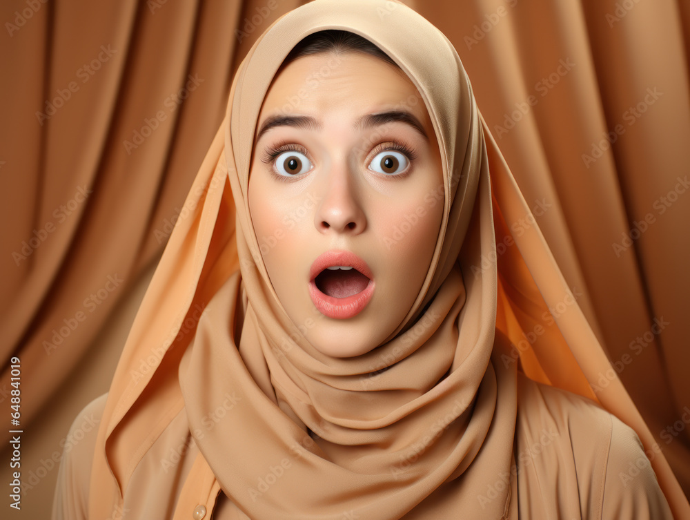 Close up shocked Arabian Muslim woman wearing headscarf with her mouth wide open Close up shocked Arabian Muslim woman wearing headscarf with her mouth wide open