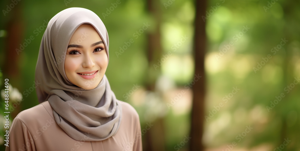 An Asian Muslim smiles and spends his free time relaxing in the village park, with copy space An Asian Muslim smiles and spends his free time relaxing in the village park, with copy space