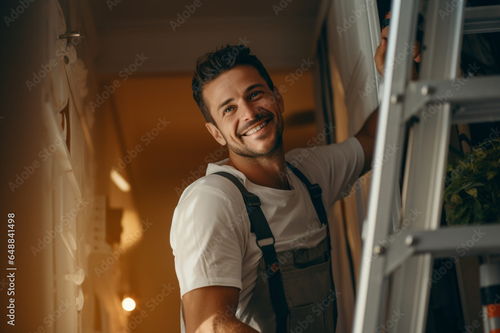 Smiling handyman is standing on ladder in kitchen and holding a screwdriver Smiling handyman is standing on ladder in kitchen and holding a screwdriver