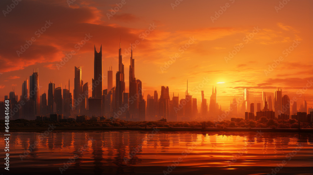 A city skyline at sunset, silhouetted skyscrapers against a warm, orange sky