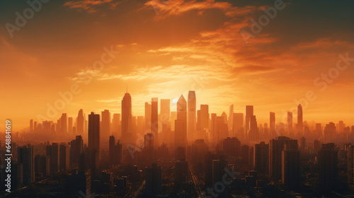 A city skyline at sunset, silhouetted skyscrapers against a warm, orange sky © Textures & Patterns