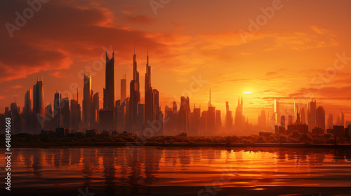 A city skyline at sunset, silhouetted skyscrapers against a warm, orange sky