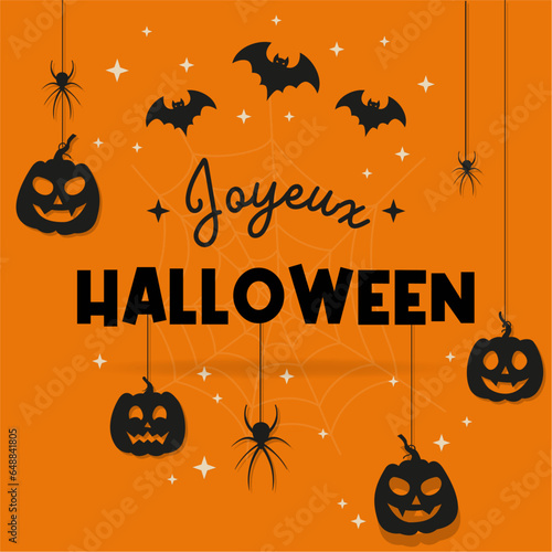 Joyeux Halloween - Bannière pour célébrer la soirée d'Halloween - Fond d'Halloween - Chauves-souris, araignées et citrouilles - Événement - Fête d'octobre - Noir et Orange - Nuit de frissons