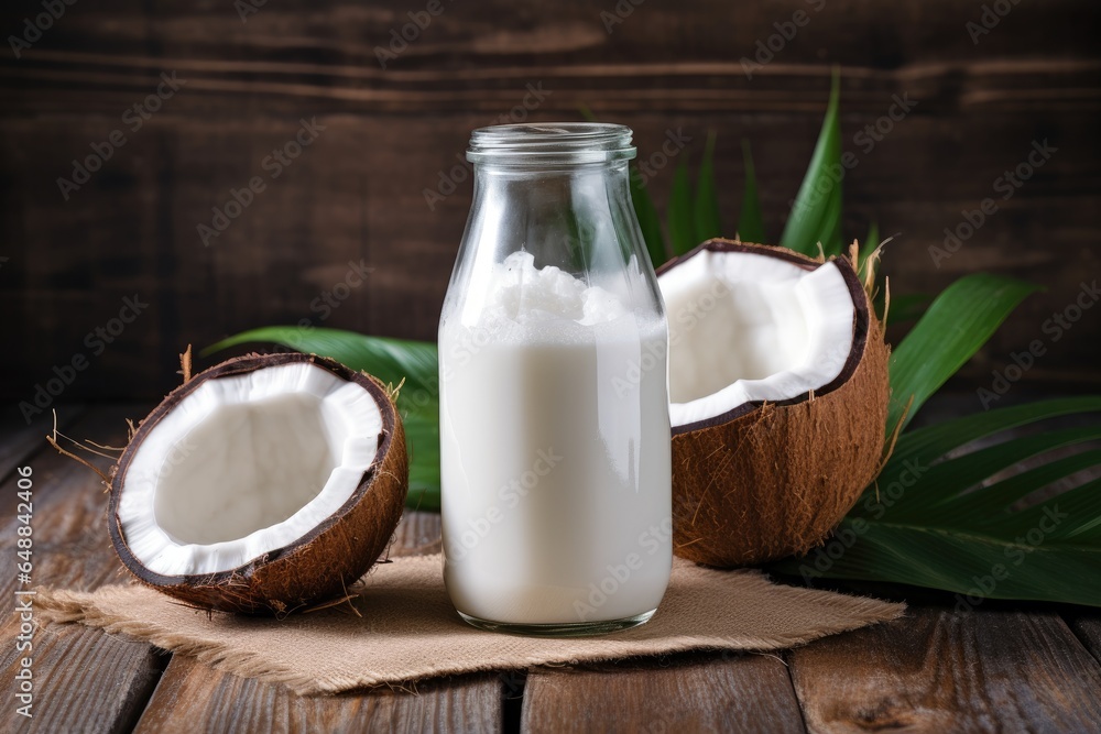 Glass of homemade coconut milk and coconut Glass of homemade coconut milk and coconut