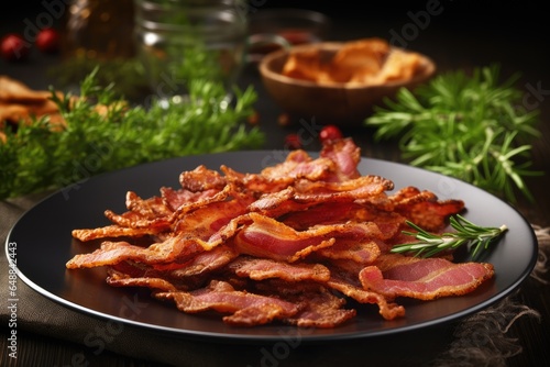 Hot fried crunchy bacon slices in plate with herbs