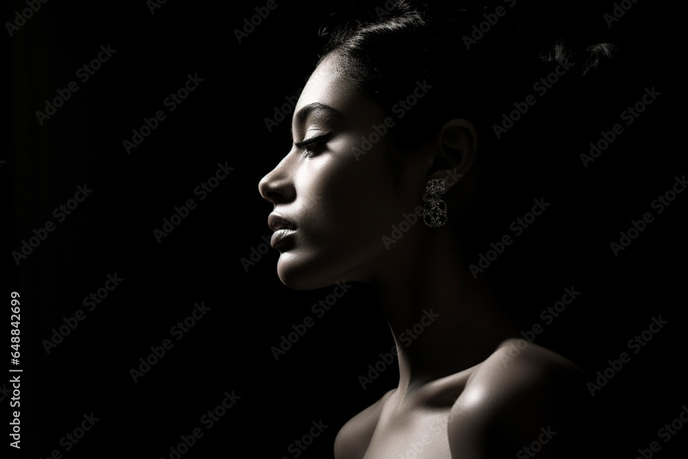 side view of dark portrait of a latin woman on black background, black and white side view of dark portrait of a latin woman on black background, black and white