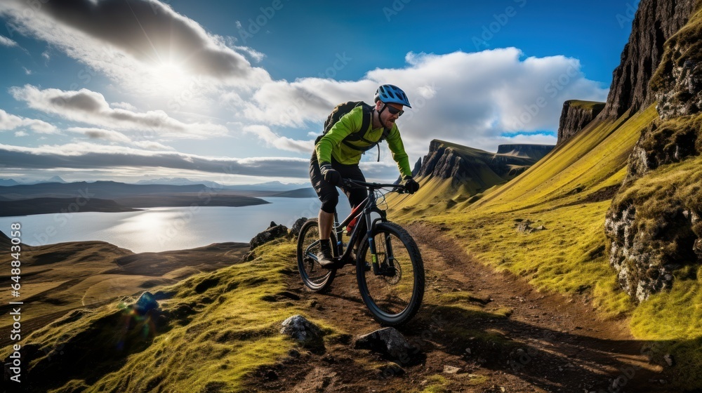 Mountain biker riding through unpleasant mountain scene of Quiraing Isle of Skye Scotland UK