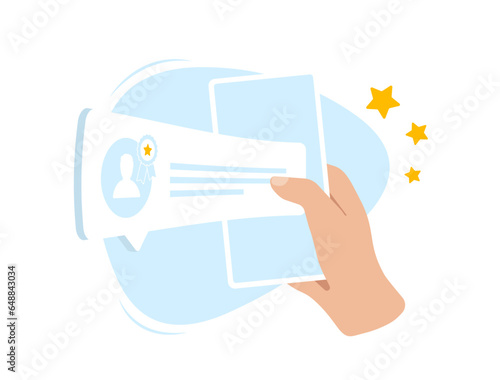 Verified Customer Reviews. Real Feedback for Trust and Satisfaction e-commerce concept. A hand holds a mobile phone with a verified review. Vector illustration isolated on white background with icons