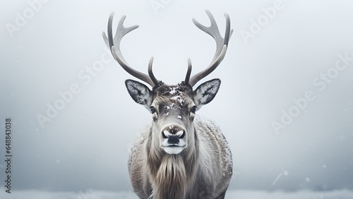 Close up of reindeer in winter. snow background.