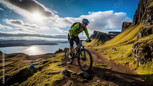 Mountain biker riding through unpleasant mountain scene of Quiraing Isle of Skye Scotland UK