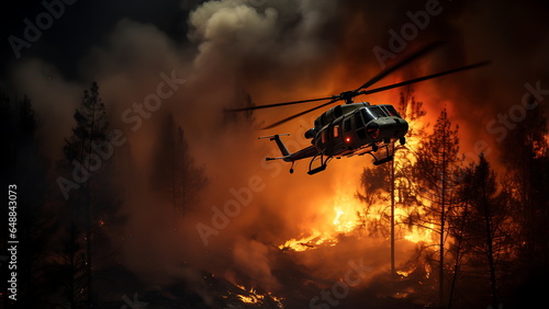 Helicopter fighting forest fire in nature. A helicopter flies over the forest.