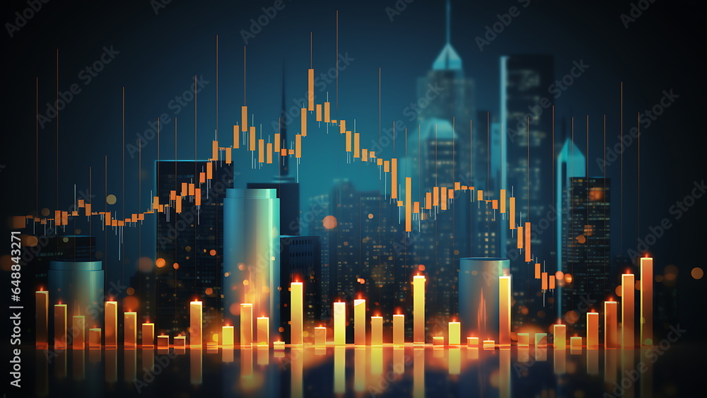 Business candle stick graph chart of stock market investment trading on city background.