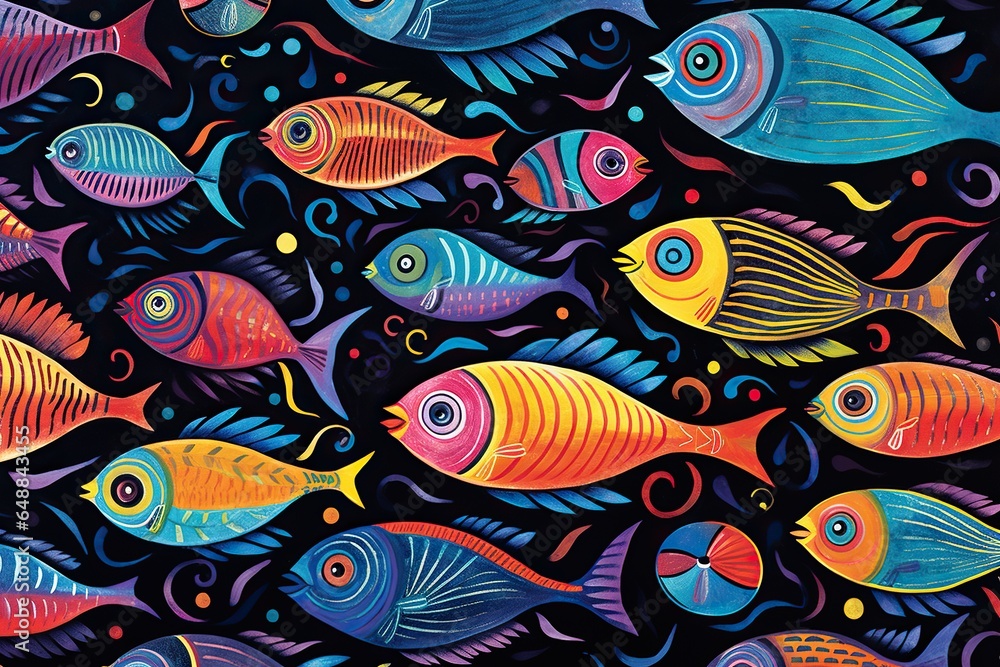 A pattern of colorful fish on a black background. Abstract background of marine flora and fauna, aquatic and underwater world. Sea life concept. A pattern of colorful fish on a black background. Abstract background of marine flora and fauna, aquatic and underwater world. Sea life concept.