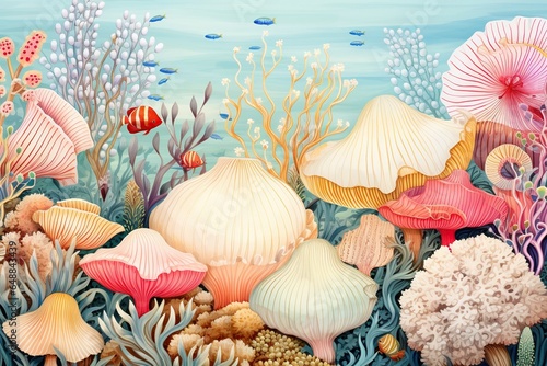 Colorful coral reefs, fish and seaweed. Abstract background of marine flora and fauna, aquatic and underwater world. Sea life concept.
