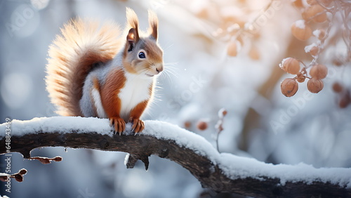 Squirrel in winter sitting on a tree trunk. © Art.disini