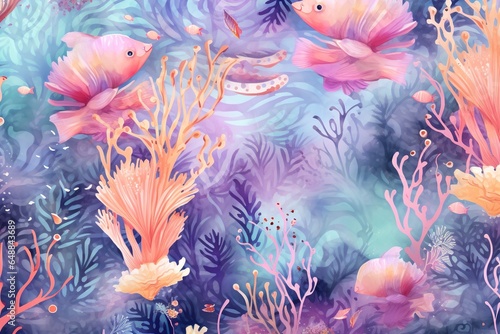 Painted fish and seaweed in purple and orange tones. Abstract background of marine flora and fauna, aquatic and underwater world. Sea life concept.