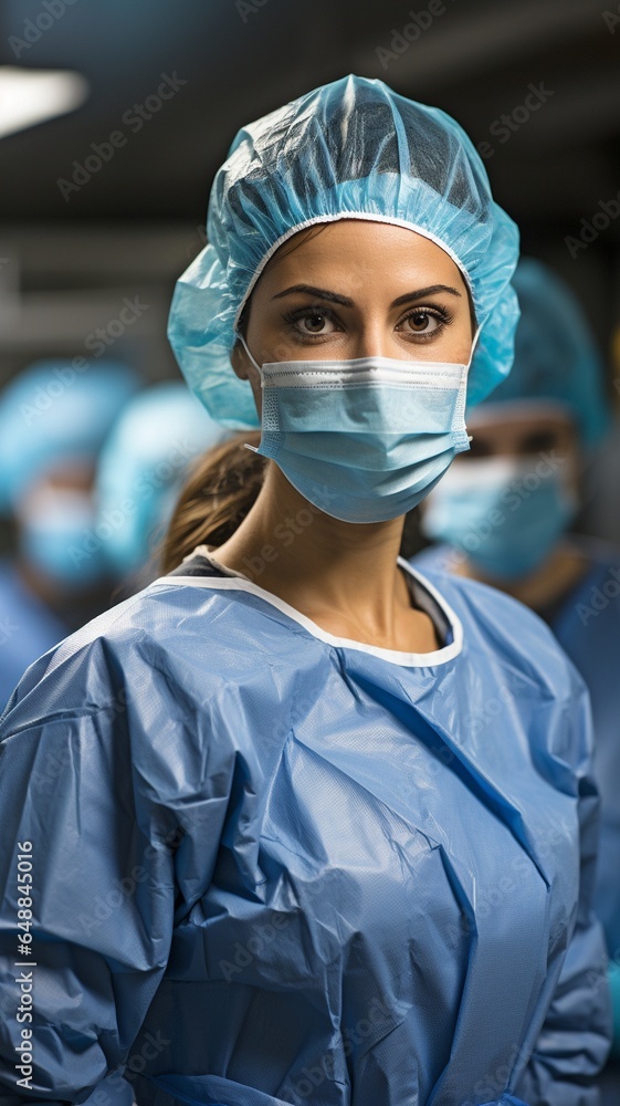 In the operating room, a female surgeon is utilising a computer tablet..
