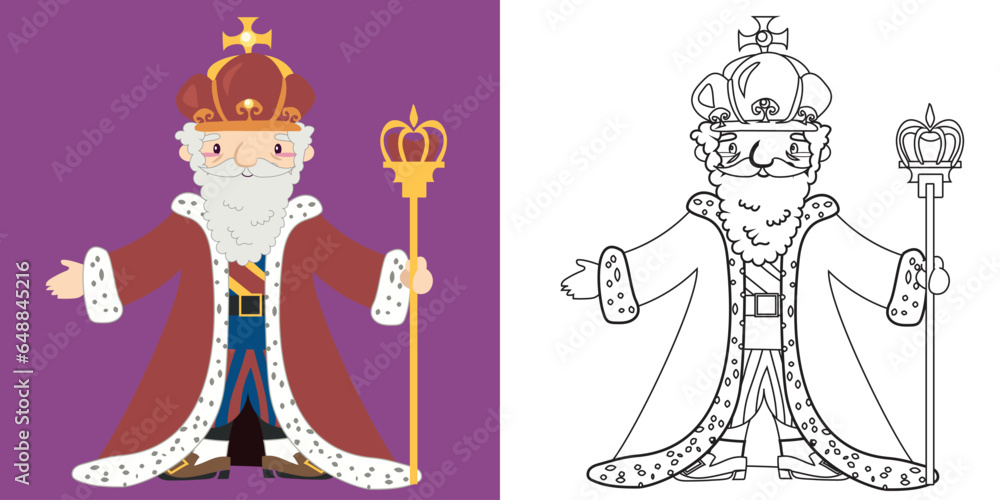 Colouring cute fairytale kingdom character. Coloring a king holding a ...