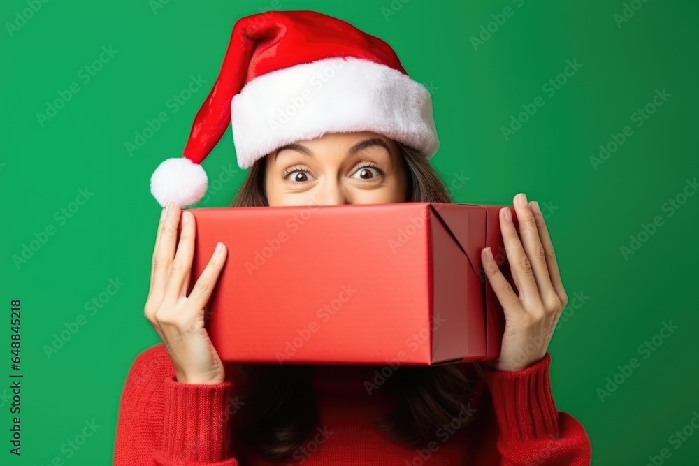 Woman in santa hat covering her face with new year gift box on green background