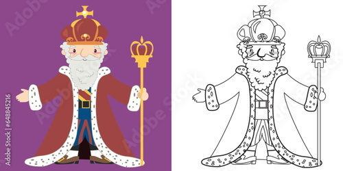 Colouring cute fairytale kingdom character. Coloring a king holding a spectre. Simple colouring page for kids. Fun activity for kids. Educational printable coloring worksheet. Vector illustration.