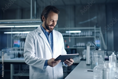 Science, tablet and portrait of a male scientist doing research with technology in a medical laboratory, Happy, smile and man chemist or biologist working on a mobile device in a pharmaceutical lab
