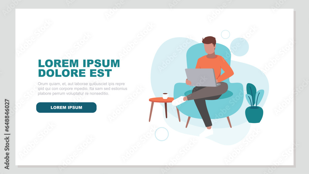A European man sits on a sofa and works relaxed in his home office A European man sits on a sofa and works relaxed in his home office