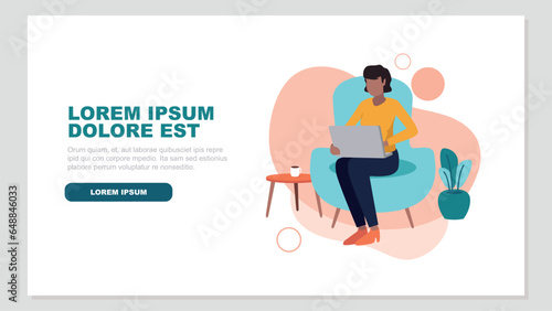 A Latin American woman sits on a sofa and works relaxed in his home office - vector image