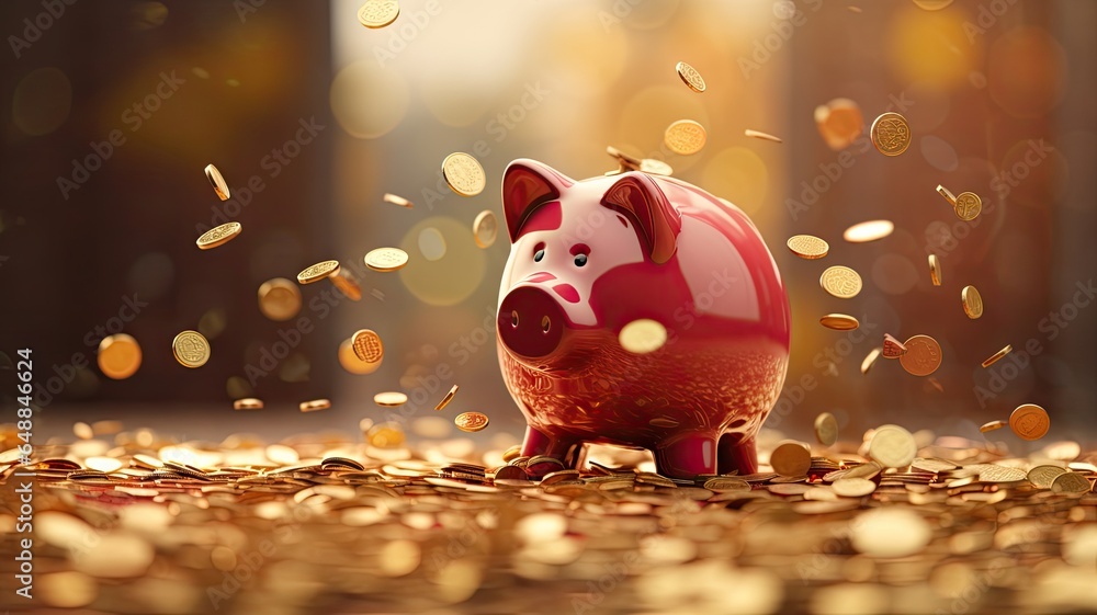 Gold piggy bank with coins background. - obrazy, fototapety, plakaty 