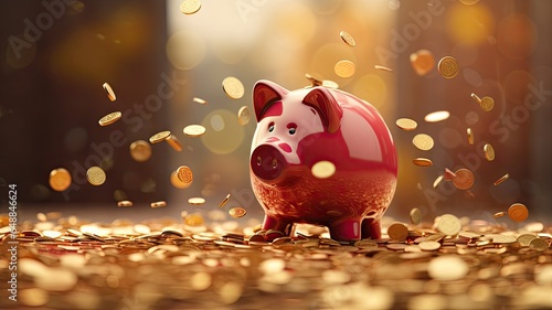 Gold piggy bank with coins background. photo
