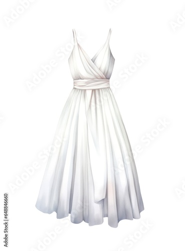 White female dress isolated on white background in watercolor style.
