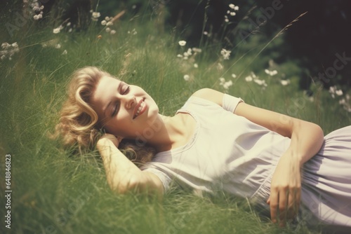 Vintage relaxing young woman in nature