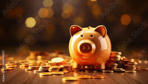 Gold piggy bank with coins background.