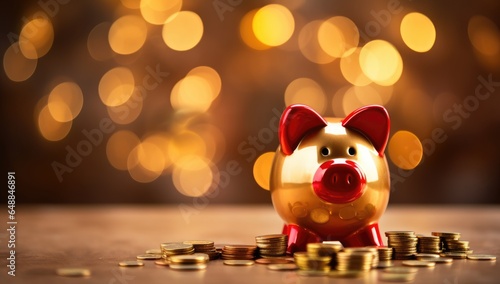 Gold piggy bank with coins background.