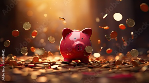 Gold piggy bank with coins background.