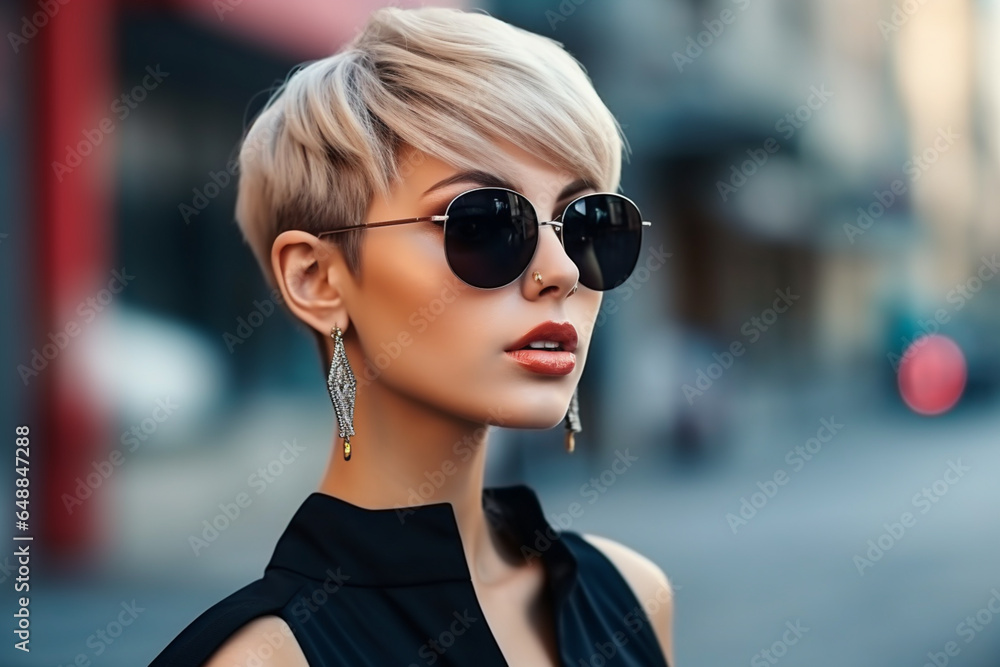 Portrait of Young modern fashionable girl with short hair wearing sunglasses and a lot of jewelry, City street style