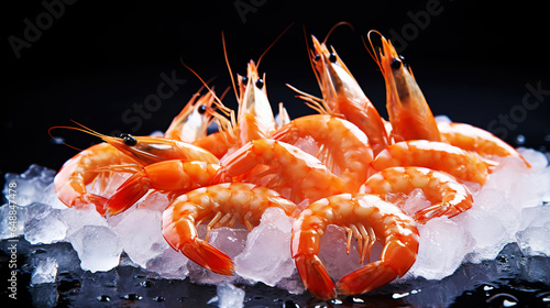 Top view of raw whole king prawns on ice. Seafood background. Generative AI photo