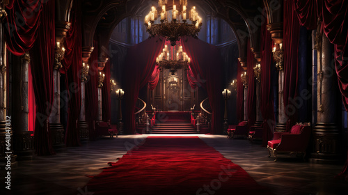 Vampire Dracula castle interior, victorian red furnitures. Halloween concept. Generative AI