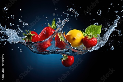 Flying fruit and splashes of water on a dark background © Оксана Олейник