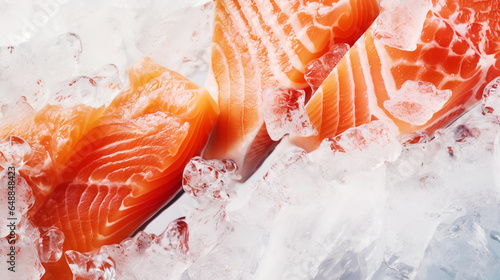 Fresh salmon fillet on ice. Red tasty fish meat. Seafood background. Generative AI