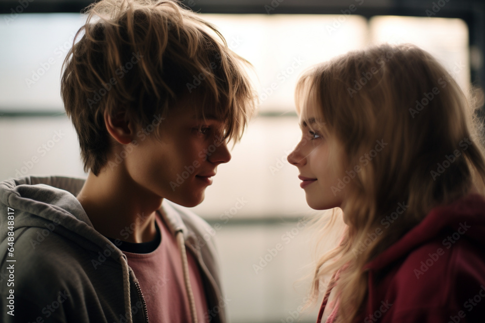 Portrait of teenage boy and girl Watching each other with love Portrait of teenage boy and girl Watching each other with love