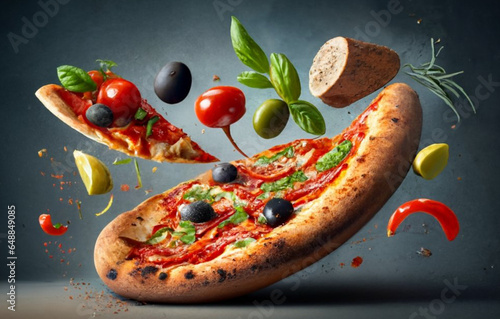 Capture dynamic splashes of food in a flying food photograph with a slice of pizza as the main subject, AI Image