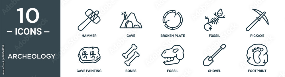 archeology outline icon set includes thin line hammer, cave, broken ...