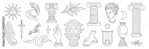 Antique sculpture set. Heads, hand, foot, medusa, branch, vase, column, snake, stars. Mystic, ancient statues in trendy modern style. Hand drawn vector illustration for card, poster, T-Shirt, print.