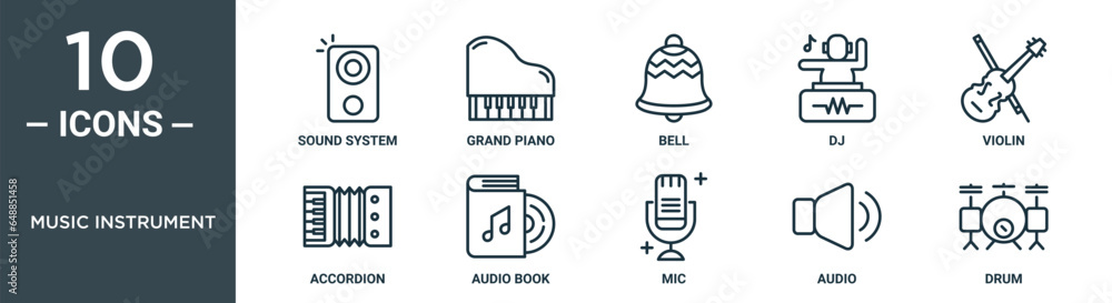 music instrument outline icon set includes thin line sound system ...