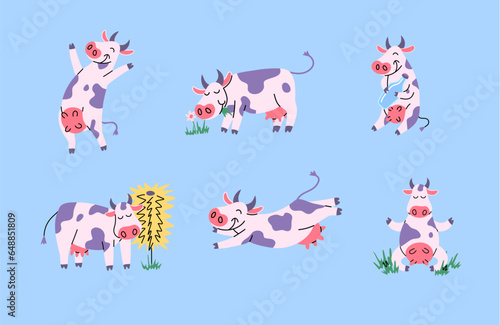 Cartoon Color Characters Different Cute Cows Set Concept Flat Design Style. Vector illustration of Funny Cow with Glass of Milk