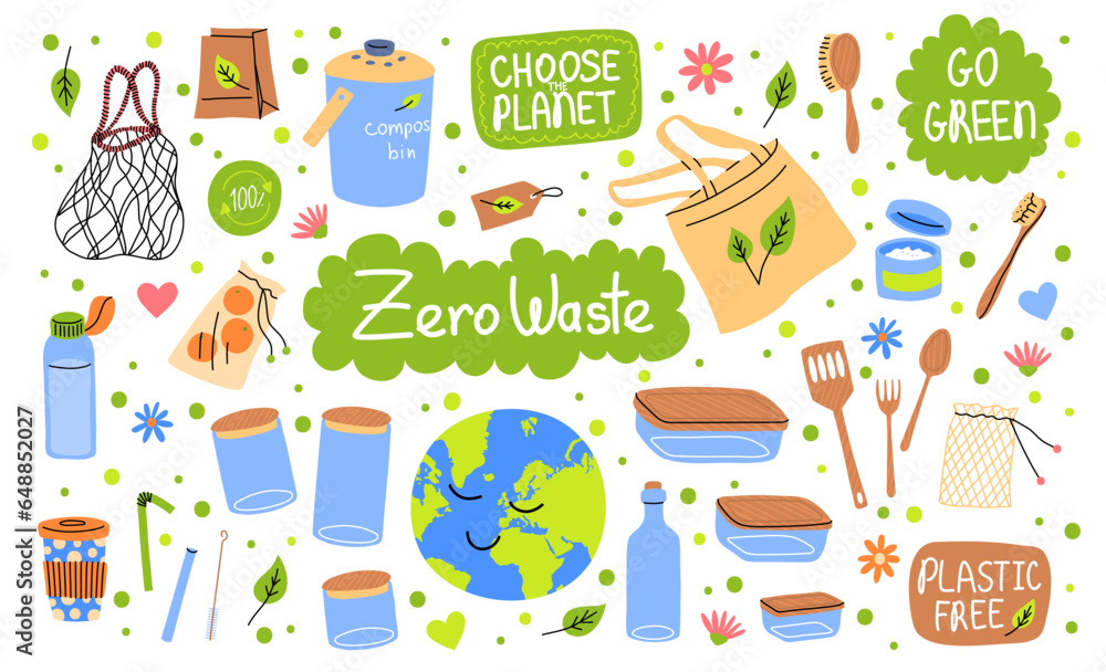 Cartoon Color Zero Waste Elements Set Earth Day Concept Flat Design Style Reusable Items Bag and Container . Vector illustration