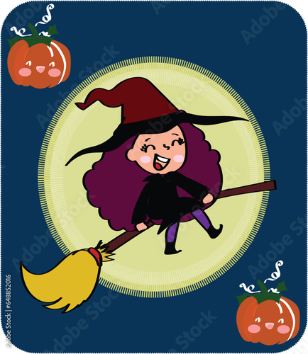 Witch flying on broomstick against full moon light, wizard wearing costume. Halloween holiday celebration, fantasy and magic on all hallows eve in autumn season. Cartoon vector